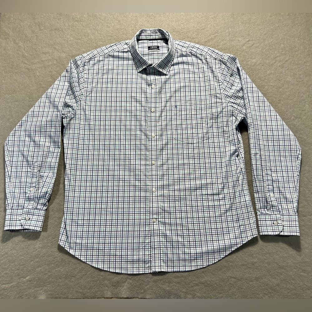 Izod Men’s XL Blue Plaid Button Down Shirt Long Sleeve Cotton Blend 17 36/37
